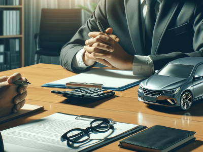 DALL·E 2023-12-20 22.56.30 - A highly realistic image of a financial advisor and a client sitting across from each other at a table, with papers, a calculator, and a model car on